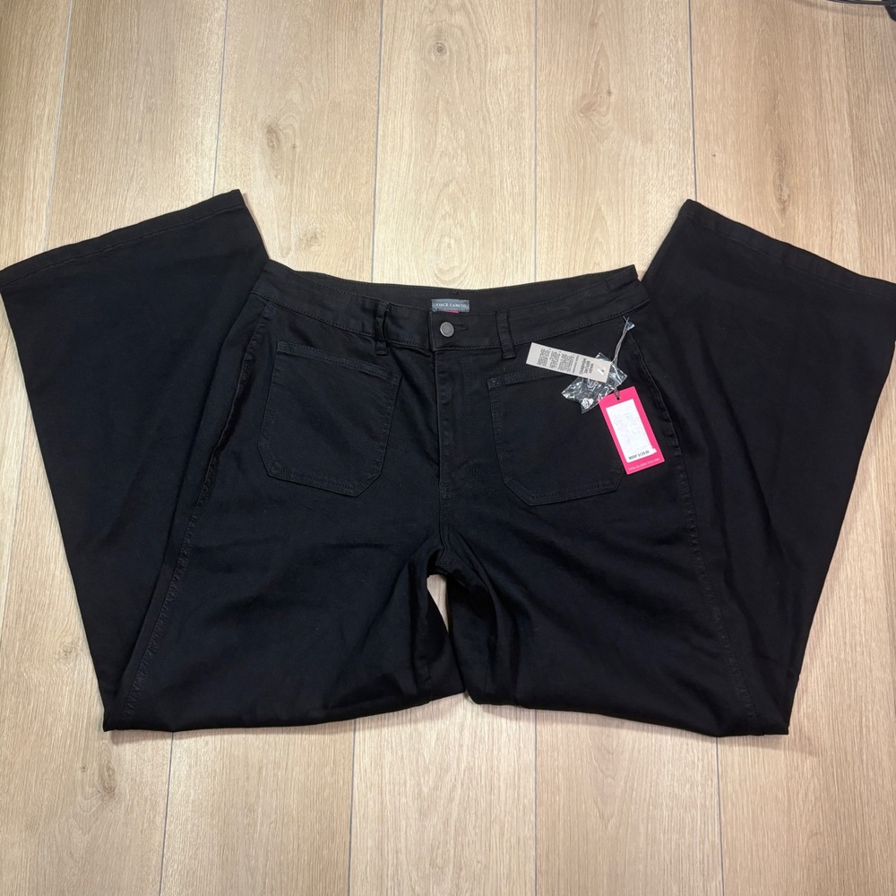 Vince Camuto Women Wonderwall Black Wide Leg High Rise Patch Pocket Trousers 18W